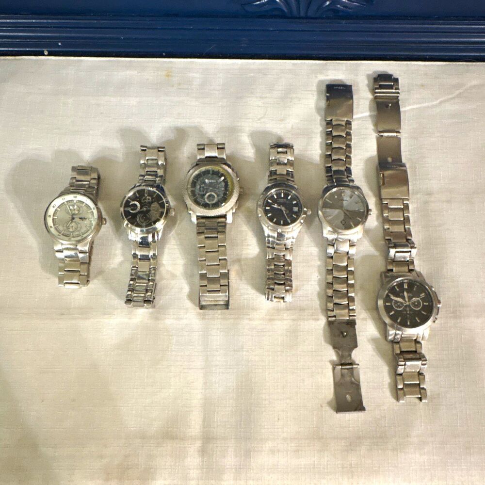 Fossil & other Lot of 6 Unisex Stainless Steel Wristwatches for parts